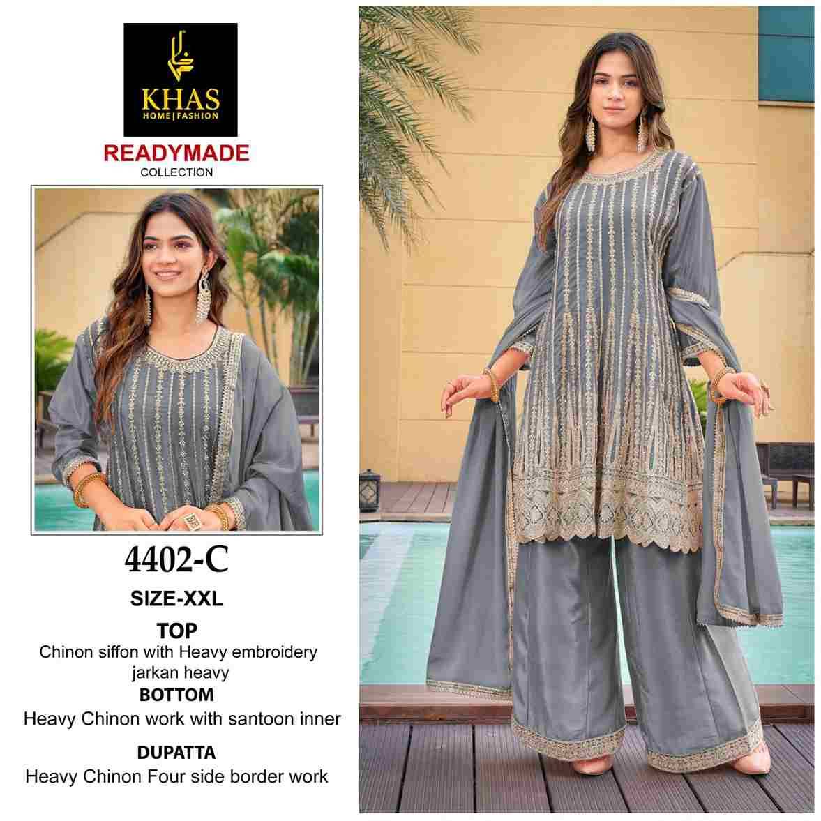 Khas 4402 Colours By Khas 4402-A To 4402-C Series Beautiful Pakistani Suits Colorful Stylish Fancy Casual Wear & Ethnic Wear Chinnon Chiffon Embroidered Dresses At Wholesale Price