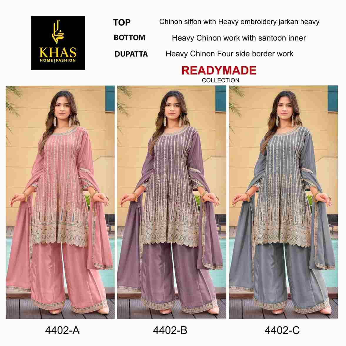Khas 4402 Colours By Khas 4402-A To 4402-C Series Beautiful Pakistani Suits Colorful Stylish Fancy Casual Wear & Ethnic Wear Chinnon Chiffon Embroidered Dresses At Wholesale Price