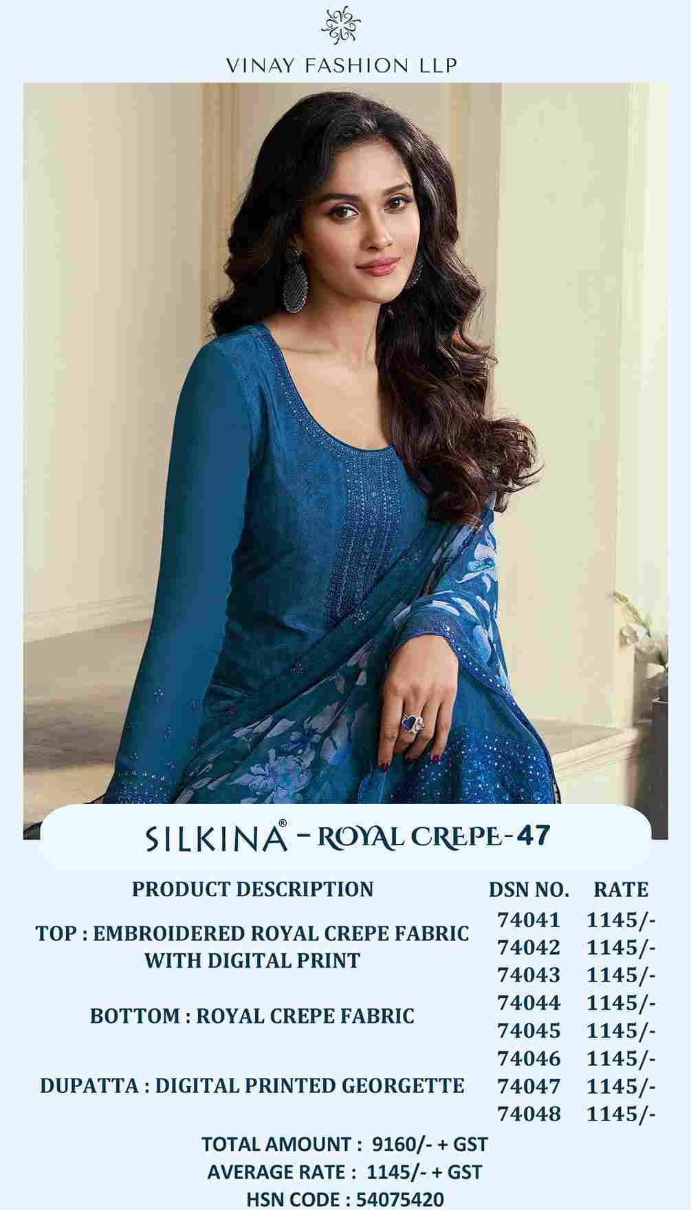 Royal Crepe Vol-47 By Vinay Fashion 74041 To 74048 Series Designer Festive Suits Collection Beautiful Stylish Fancy Colorful Party Wear & Occasional Wear Royal Crepe Dresses At Wholesale Price