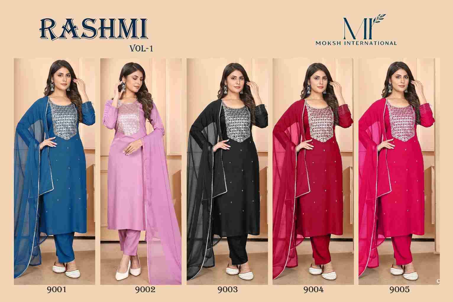 Rashmi Vol-1 By Moksh International 9001 To 9005 Series Beautiful Stylish Festive Suits Fancy Colorful Casual Wear & Ethnic Wear & Ready To Wear Pure Rayon Dresses At Wholesale Price