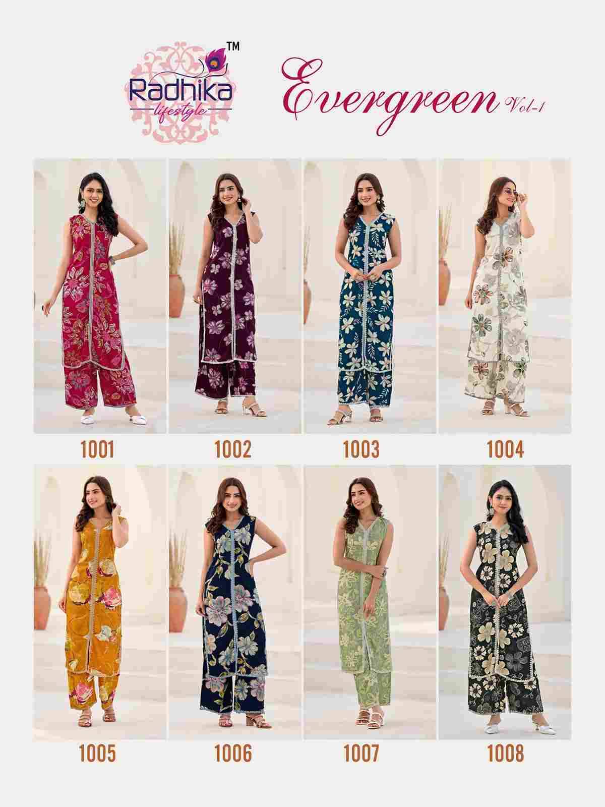 Evergreen Vol-1 By Radhika Lifestyle 1001 To 1008 Series Designer Pakistani Suits Collection Beautiful Stylish Fancy Colorful Party Wear & Occasional Wear Rayon Foil Kurtis With Bottom At Wholesale Price