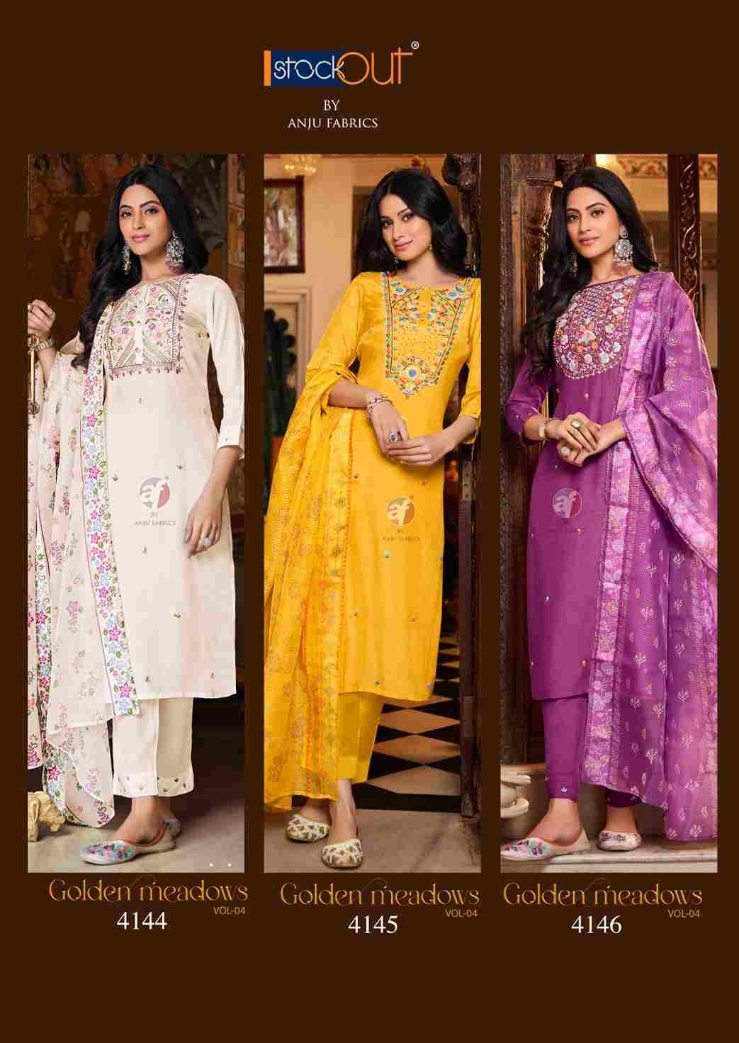 Golden Meadows Vol-4 By Anju Fabrics 4141 To 4146 Series Designer Festive Suits Collection Beautiful Stylish Fancy Colorful Party Wear & Occasional Wear Pure Muslin Dresses At Wholesale Price