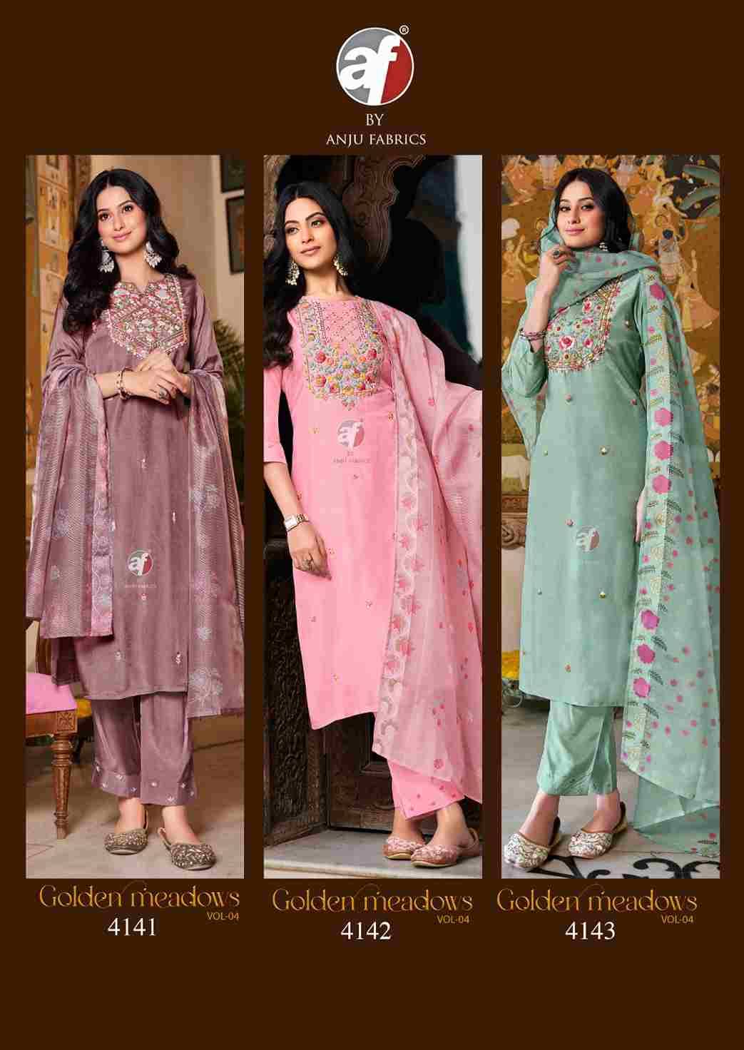 Golden Meadows Vol-4 By Anju Fabrics 4141 To 4146 Series Designer Festive Suits Collection Beautiful Stylish Fancy Colorful Party Wear & Occasional Wear Pure Muslin Dresses At Wholesale Price