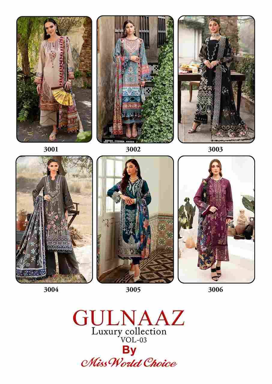 Gulnaaz Vol-3 By Miss World Choice 3001 To 3006 Series Beautiful Festive Suits Colorful Stylish Fancy Casual Wear & Ethnic Wear Pure Cotton Embroidered Dresses At Wholesale Price