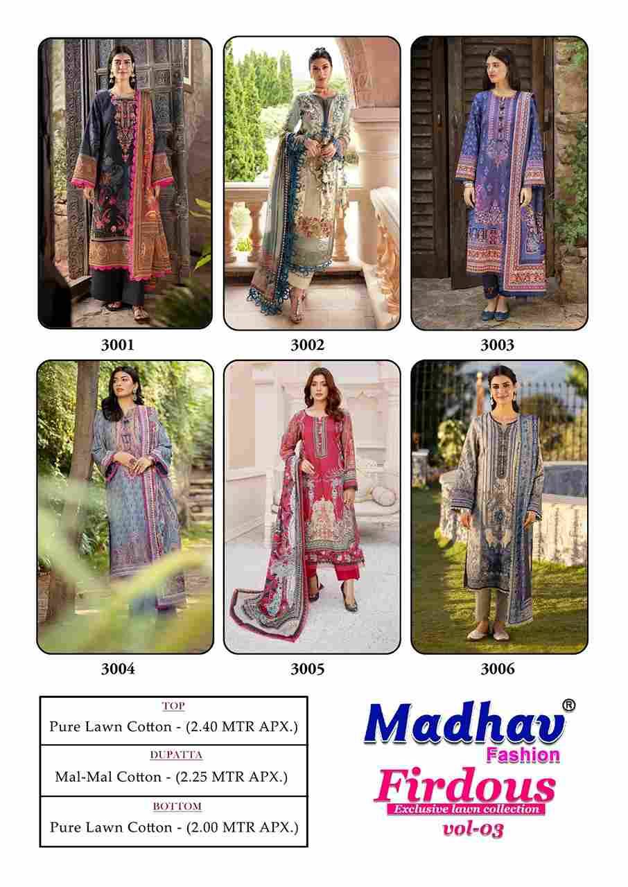 Firdous Vol-3 By Madhav Fashion 3001 To 3006 Series Beautiful Stylish Suits Fancy Colorful Casual Wear & Ethnic Wear & Ready To Wear Pure Lawn Cotton Dresses At Wholesale Price