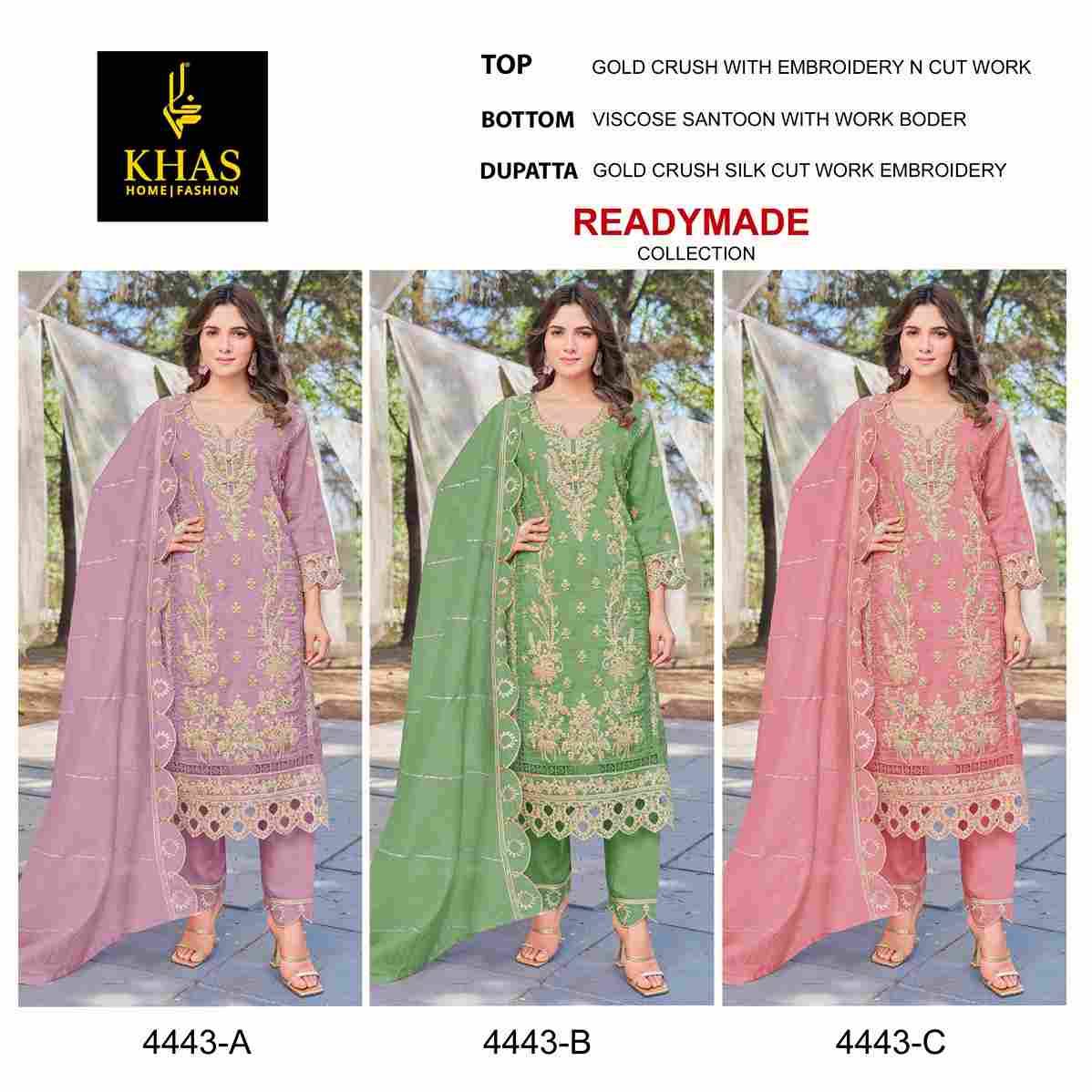 Khas 4443 Colours By Khas 4443-A To 4443-C Series Beautiful Pakistani Suits Colorful Stylish Fancy Casual Wear & Ethnic Wear Gold Crush Embroidered Dresses At Wholesale Price