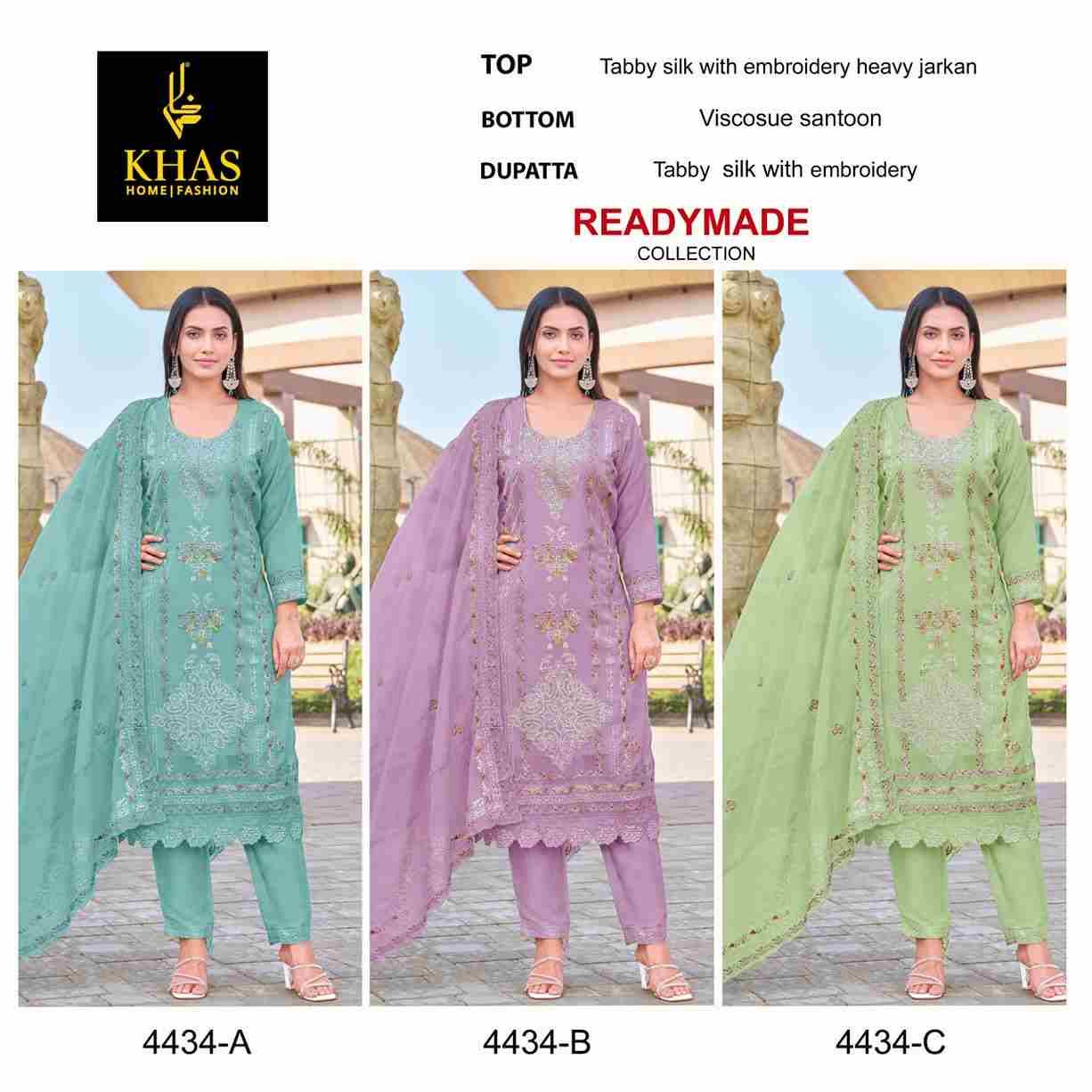 Khas 4434 Colours By Khas 4434-A To 4434-C Series Beautiful Pakistani Suits Colorful Stylish Fancy Casual Wear & Ethnic Wear Tabby Silk Embroidered Dresses At Wholesale Price