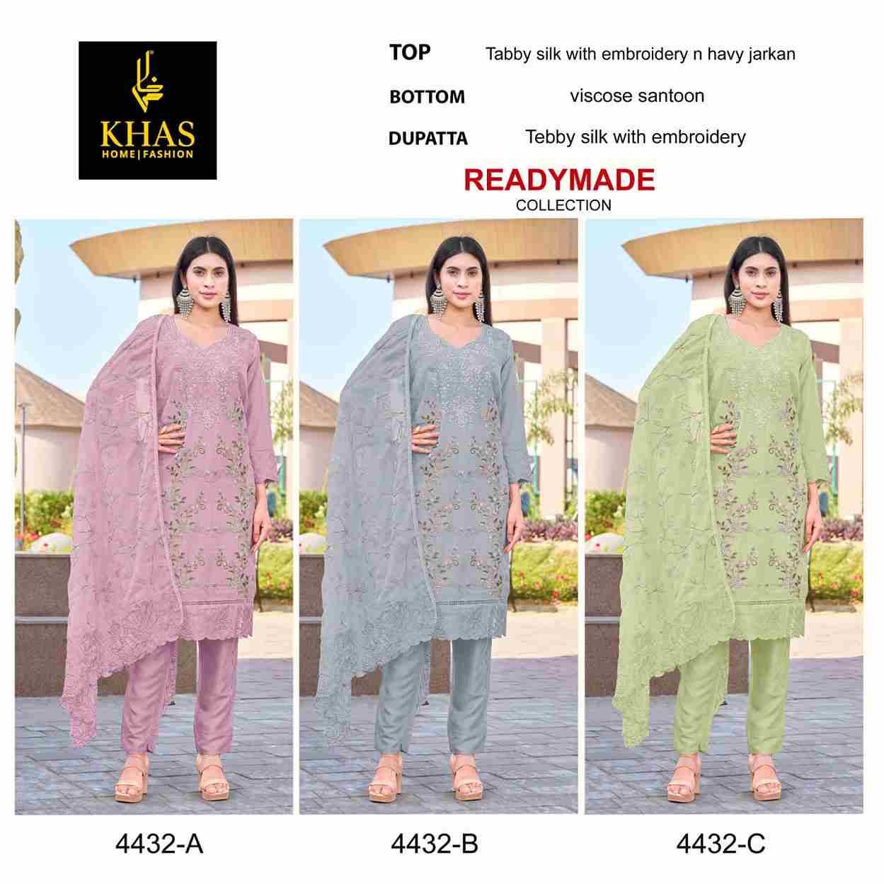Khas 4432 Colours By Khas 4432-A To 4432-C Series Beautiful Pakistani Suits Colorful Stylish Fancy Casual Wear & Ethnic Wear Tabby Silk Embroidered Dresses At Wholesale Price