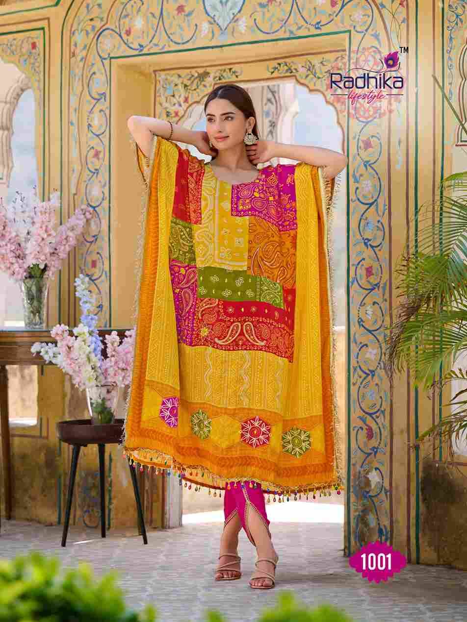 Noor Vol-1 By Radhika Lifestyle 1001 To 1008 Series Designer Pakistani Suits Collection Beautiful Stylish Fancy Colorful Party Wear & Occasional Wear Pure Crepe Kaftan With Bottom At Wholesale Price