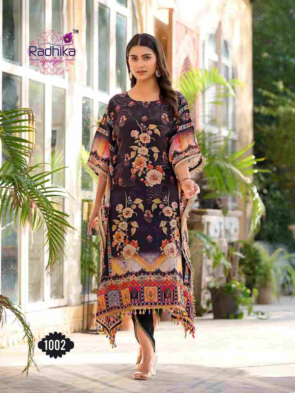 Noor Vol-1 By Radhika Lifestyle 1001 To 1008 Series Designer Pakistani Suits Collection Beautiful Stylish Fancy Colorful Party Wear & Occasional Wear Pure Crepe Kaftan With Bottom At Wholesale Price