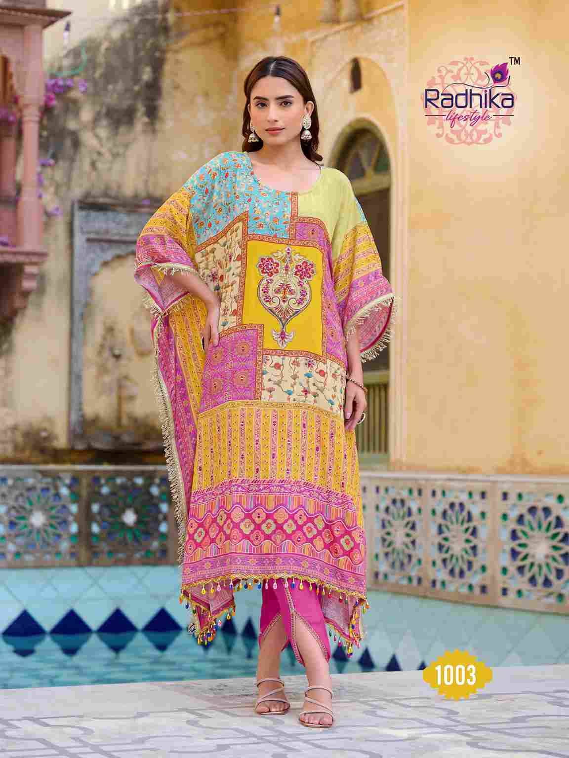Noor Vol-1 By Radhika Lifestyle 1001 To 1008 Series Designer Pakistani Suits Collection Beautiful Stylish Fancy Colorful Party Wear & Occasional Wear Pure Crepe Kaftan With Bottom At Wholesale Price