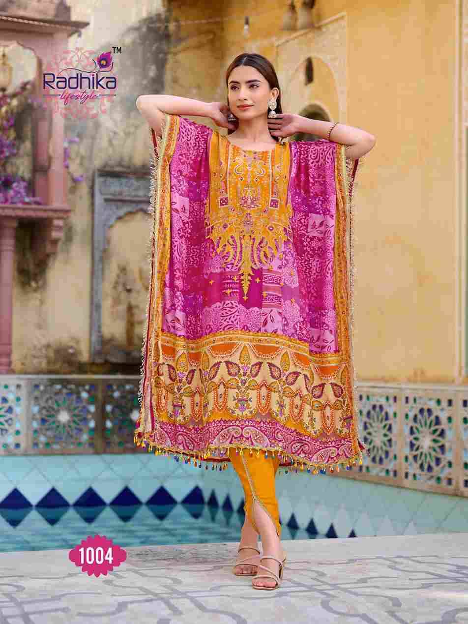 Noor Vol-1 By Radhika Lifestyle 1001 To 1008 Series Designer Pakistani Suits Collection Beautiful Stylish Fancy Colorful Party Wear & Occasional Wear Pure Crepe Kaftan With Bottom At Wholesale Price