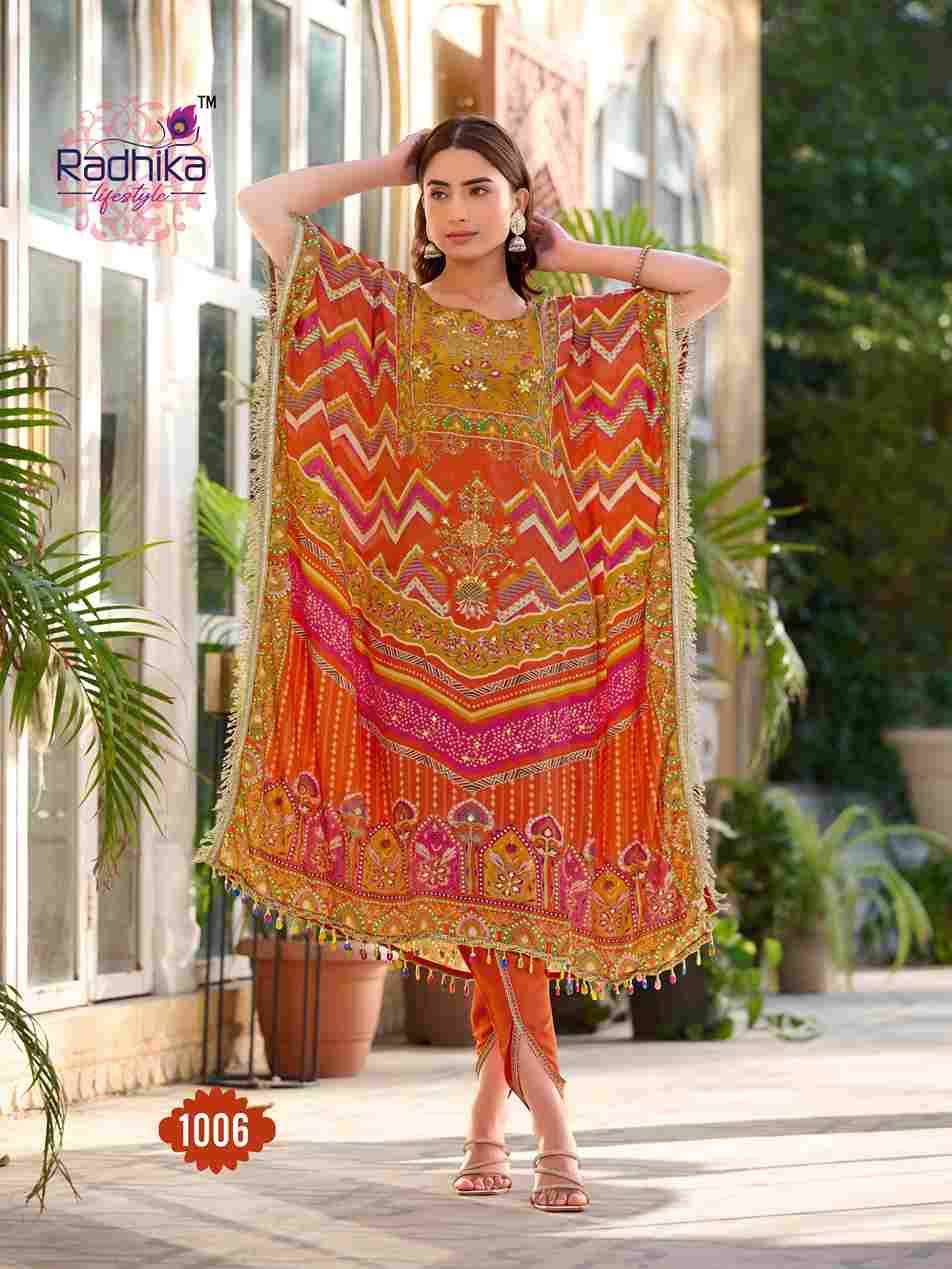 Noor Vol-1 By Radhika Lifestyle 1001 To 1008 Series Designer Pakistani Suits Collection Beautiful Stylish Fancy Colorful Party Wear & Occasional Wear Pure Crepe Kaftan With Bottom At Wholesale Price