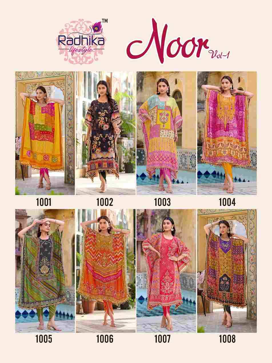 Noor Vol-1 By Radhika Lifestyle 1001 To 1008 Series Designer Pakistani Suits Collection Beautiful Stylish Fancy Colorful Party Wear & Occasional Wear Pure Crepe Kaftan With Bottom At Wholesale Price