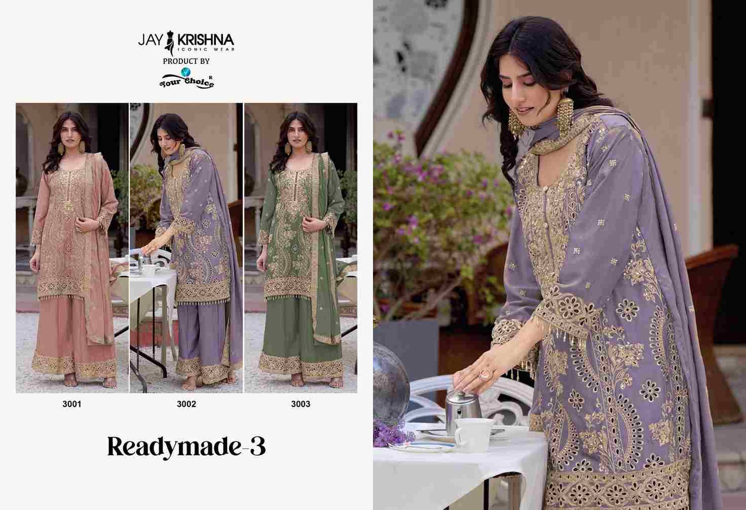Readymade Vol-3 By Jay Krishna 3001 To 3003 Series Beautiful Stylish Sharara Suits Fancy Colorful Casual Wear & Ethnic Wear & Ready To Wear Heavy Chinnon Dresses At Wholesale Price