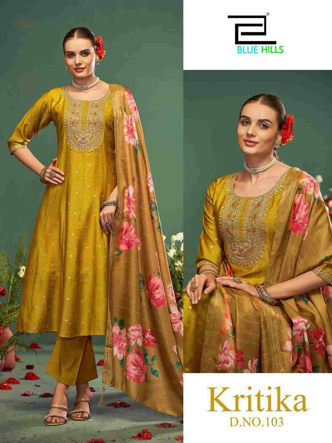 Kritika By Blue Hills 101 To 104 Series Beautiful Festive Suits Stylish Fancy Colorful Casual Wear & Ethnic Wear Chanderi Embroidered Dresses At Wholesale Price