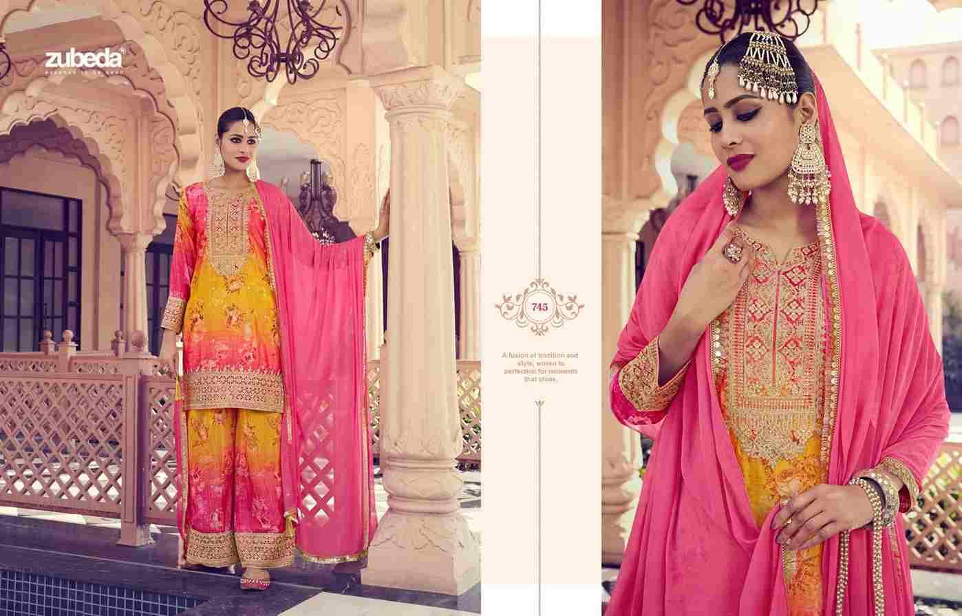 Naayaab By Zubeda 745 To 747 Series Designer Sharara Suits Beautiful Fancy Colorful Stylish Party Wear & Occasional Wear Chinnon Silk Dresses At Wholesale Price