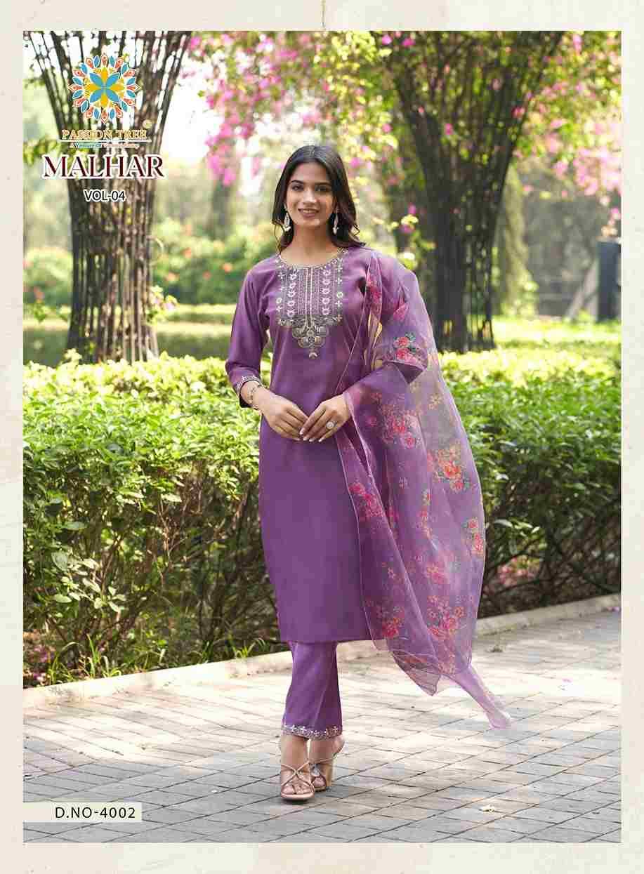 Malhar Vol-4 By Passion Tree 4001 To 4008 Series Beautiful Stylish Festive Suits Fancy Colorful Casual Wear & Ethnic Wear & Ready To Wear Roman Silk Dresses At Wholesale Price