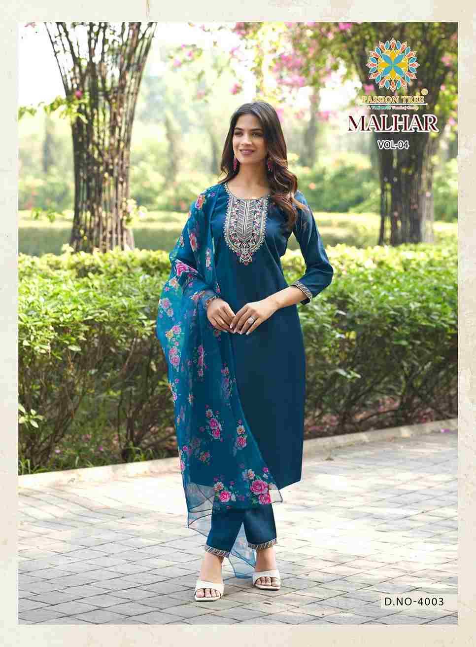 Malhar Vol-4 By Passion Tree 4001 To 4008 Series Beautiful Stylish Festive Suits Fancy Colorful Casual Wear & Ethnic Wear & Ready To Wear Roman Silk Dresses At Wholesale Price