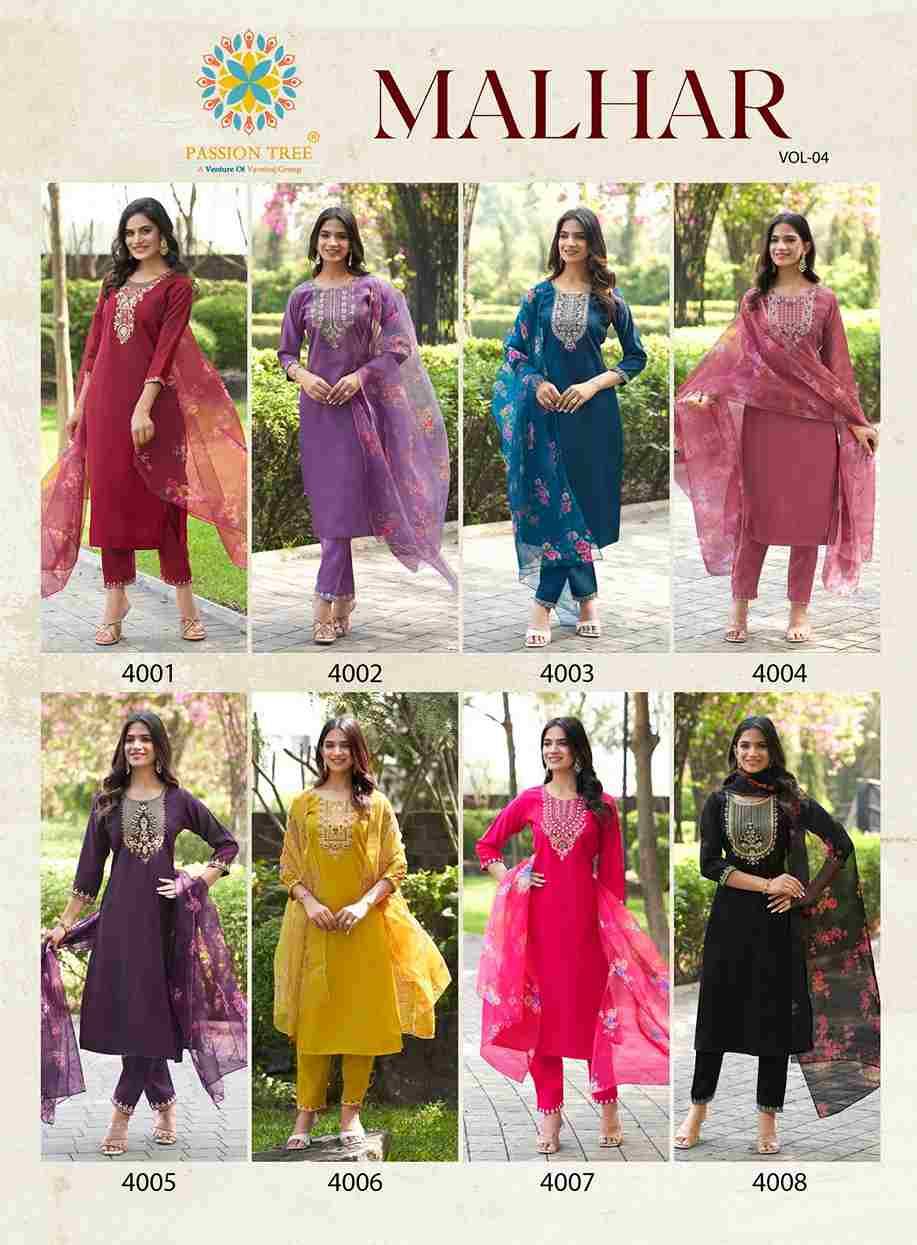 Malhar Vol-4 By Passion Tree 4001 To 4008 Series Beautiful Stylish Festive Suits Fancy Colorful Casual Wear & Ethnic Wear & Ready To Wear Roman Silk Dresses At Wholesale Price