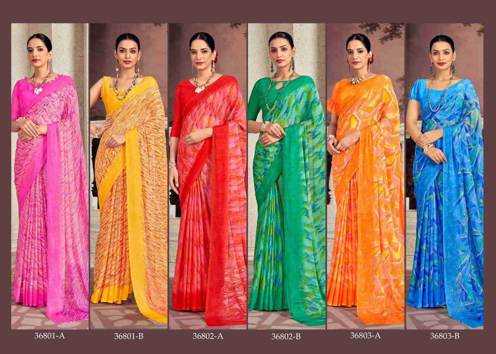 STAR CHIFFON HITS VOL-2 BY RUCHI 36801-A TO 36806-B SERIES INDIAN TRADITIONAL WEAR COLLECTION BEAUTIFUL STYLISH FANCY COLORFUL PARTY WEAR & OCCASIONAL WEAR CHIFFON SAREES AT WHOLESALE PRICE