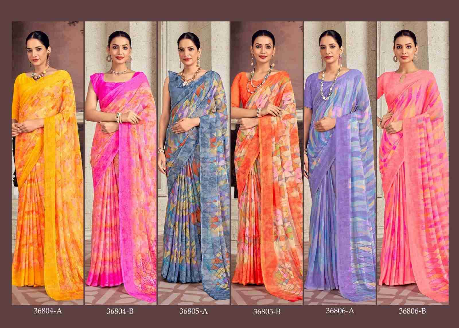 STAR CHIFFON HITS VOL-2 BY RUCHI 36801-A TO 36806-B SERIES INDIAN TRADITIONAL WEAR COLLECTION BEAUTIFUL STYLISH FANCY COLORFUL PARTY WEAR & OCCASIONAL WEAR CHIFFON SAREES AT WHOLESALE PRICE
