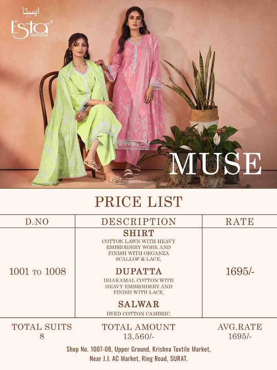 Muse By Esta Designs 1001 To 1008 Series Beautiful Festive Suits Colorful Stylish Fancy Casual Wear & Ethnic Wear Lawn Cotton Dresses At Wholesale Price
