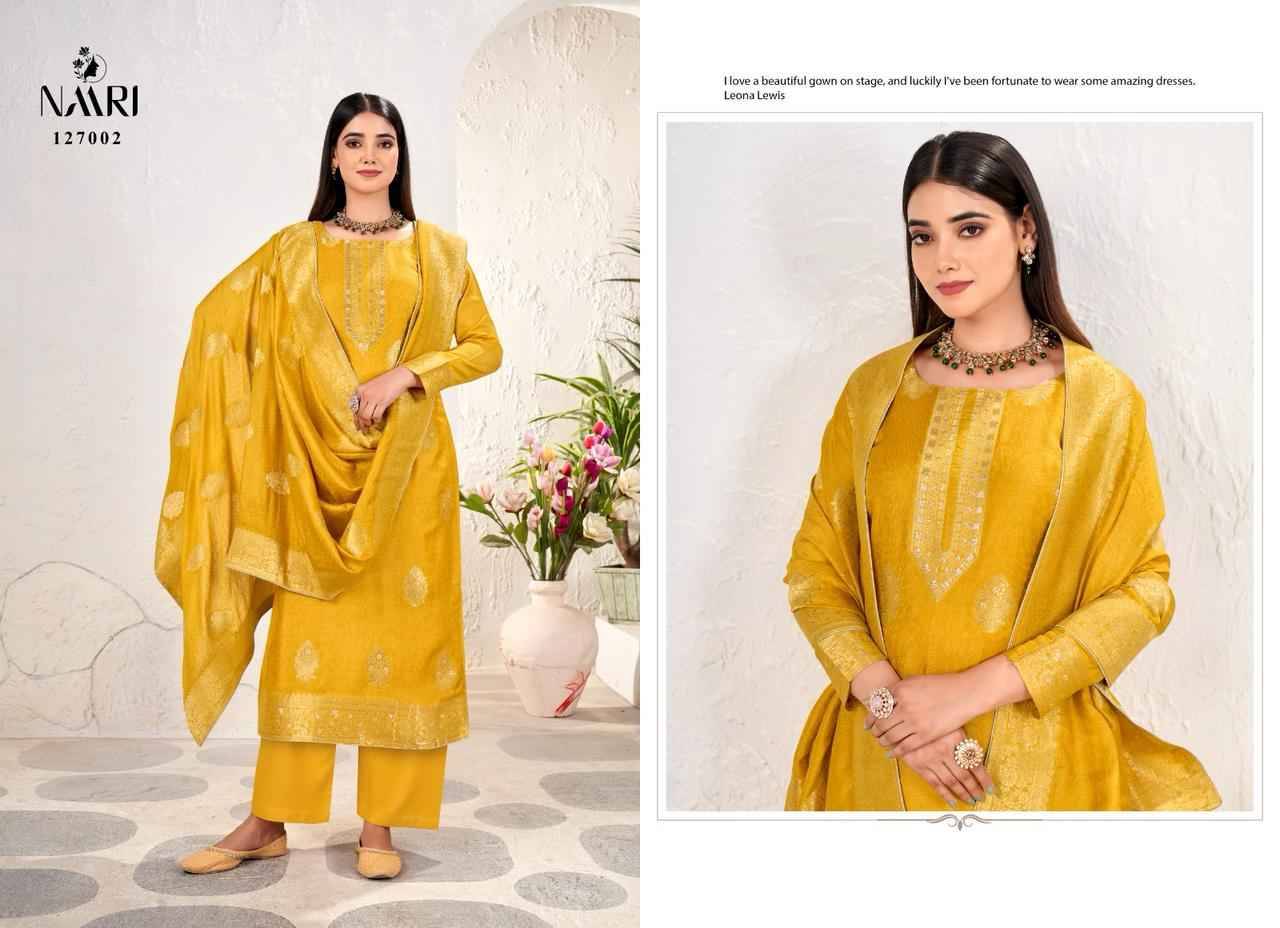 Mehar Vol-9 By Naari 127001 To 127004 Series Beautiful Stylish Festive Suits Fancy Colorful Casual Wear & Ethnic Wear & Ready To Wear Pure Viscose Muslin Jacquard Silk Dresses At Wholesale Price