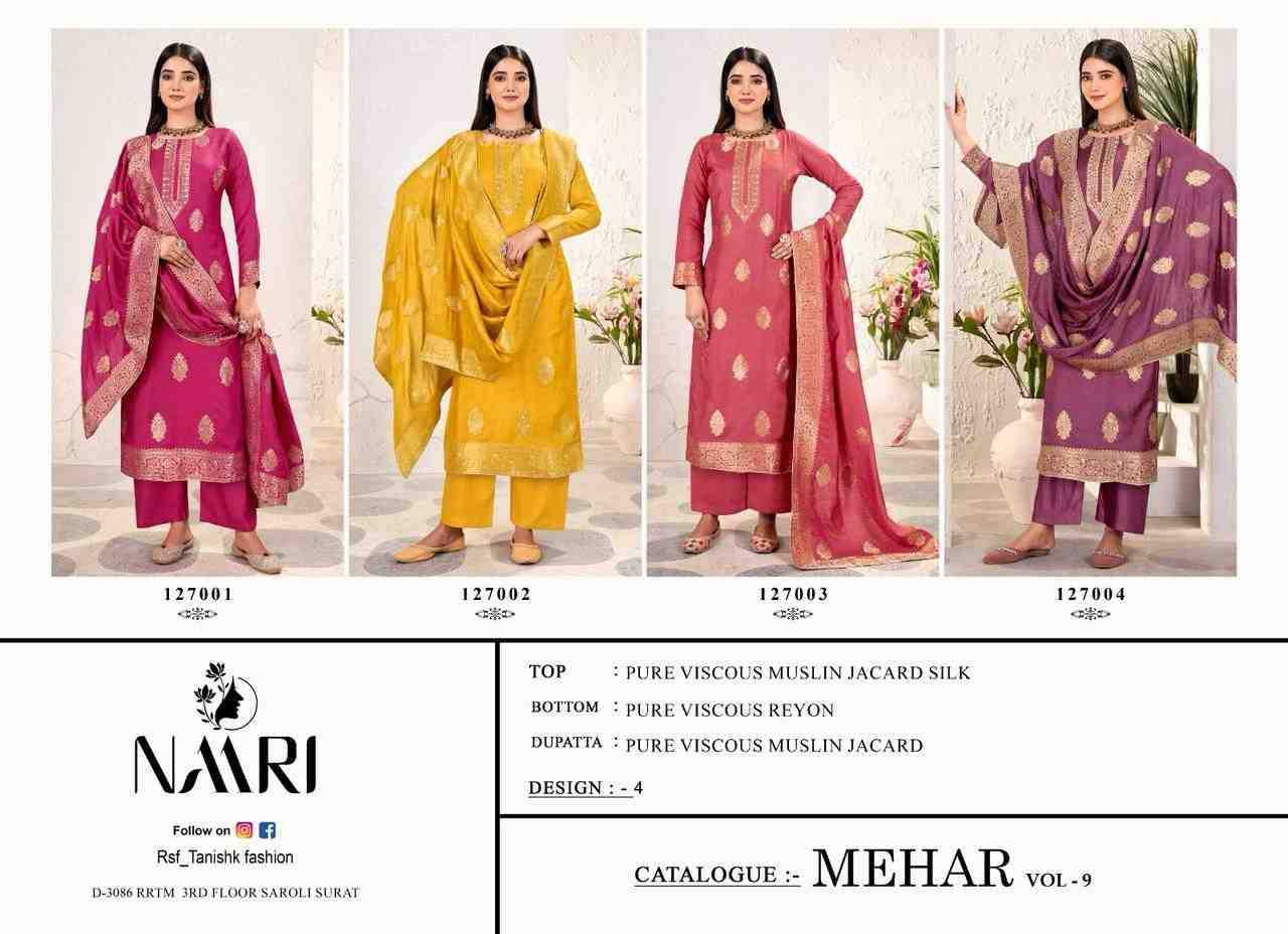 Mehar Vol-9 By Naari 127001 To 127004 Series Beautiful Stylish Festive Suits Fancy Colorful Casual Wear & Ethnic Wear & Ready To Wear Pure Viscose Muslin Jacquard Silk Dresses At Wholesale Price