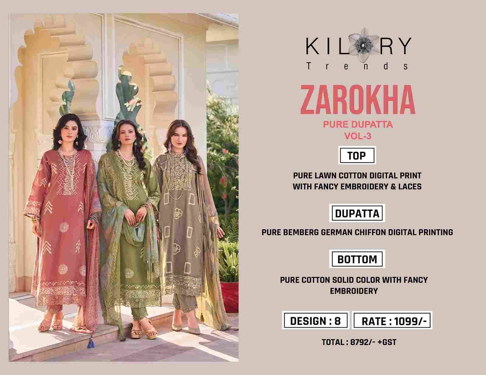 Zarokha Vol-3 By Kilory 1491 To 1498 Series Beautiful Festive Suits Colorful Stylish Fancy Casual Wear & Ethnic Wear Pure Lawn Cotton Dresses At Wholesale Price