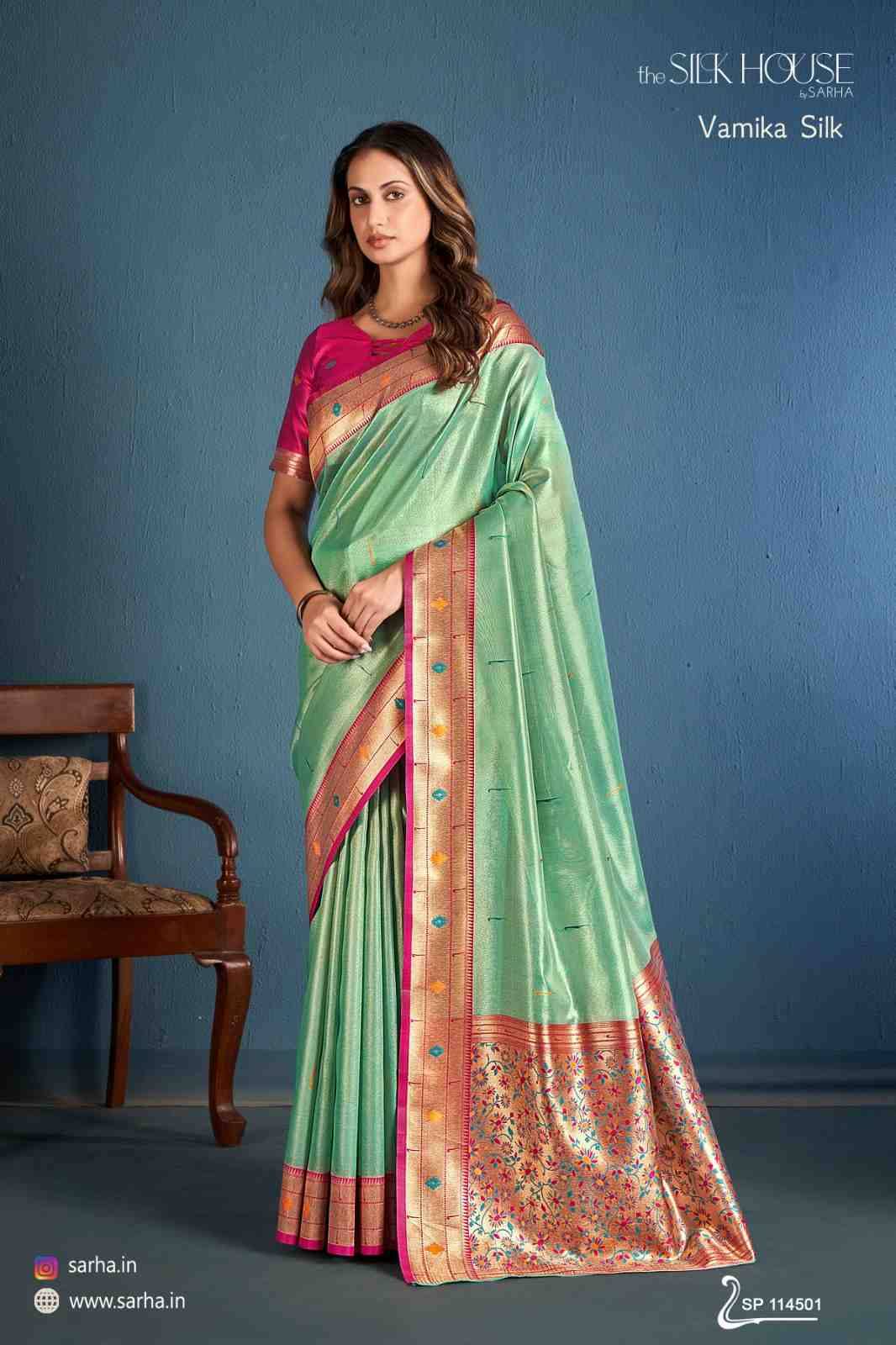 Vamika Silk By Sarha 114501 To 114506 Series Indian Traditional Wear Collection Beautiful Stylish Fancy Colorful Party Wear & Occasional Wear Tissue Silk Sarees At Wholesale Price