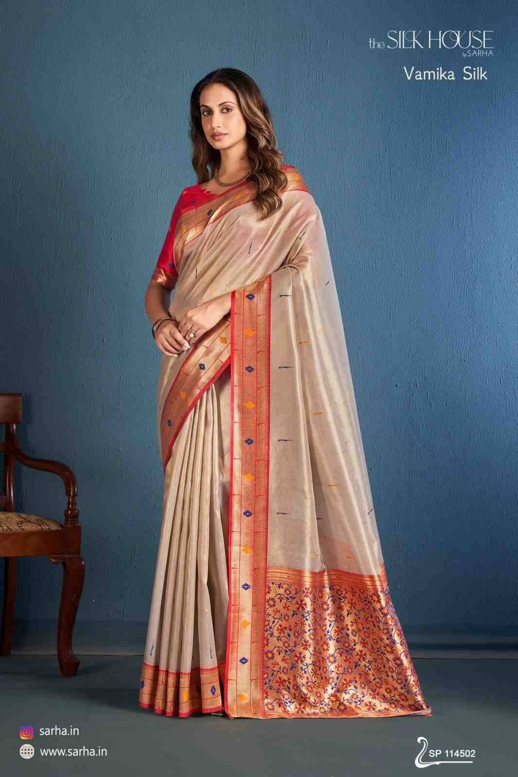Vamika Silk By Sarha 114501 To 114506 Series Indian Traditional Wear Collection Beautiful Stylish Fancy Colorful Party Wear & Occasional Wear Tissue Silk Sarees At Wholesale Price