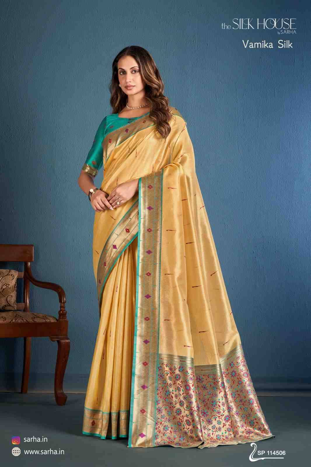Vamika Silk By Sarha 114501 To 114506 Series Indian Traditional Wear Collection Beautiful Stylish Fancy Colorful Party Wear & Occasional Wear Tissue Silk Sarees At Wholesale Price