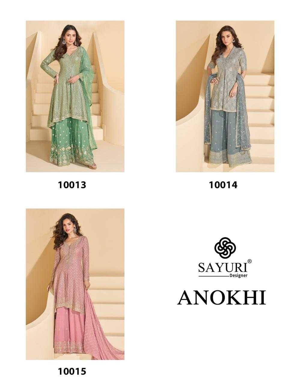 Anokhi By Sayuri 10013 To 10015 Series Beautiful Sharara Suits Colorful Stylish Fancy Casual Wear & Ethnic Wear Georgette Embroidery Dresses At Wholesale Price