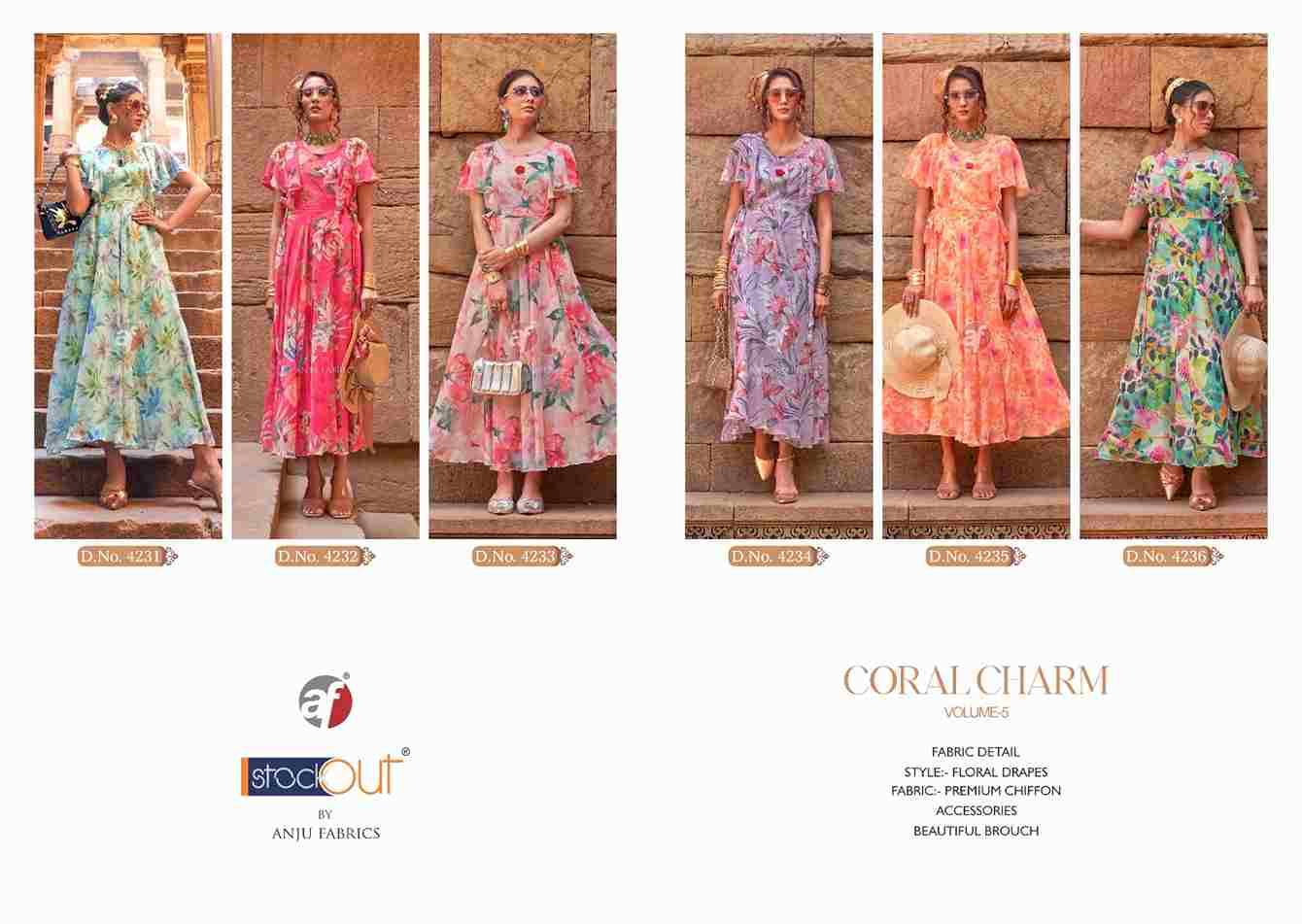 Coral Charm Vol-5 By Anju Fabrics 4231 To 4236 Series Beautiful Stylish Fancy Colorful Casual Wear & Ethnic Wear Viscose Chiffon Gowns At Wholesale Price