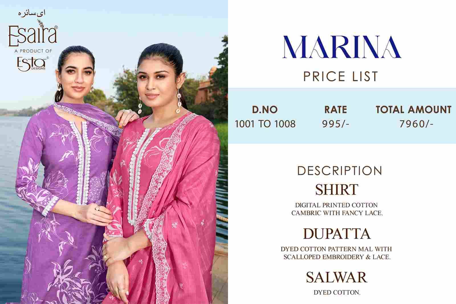 Marina By Esta Designs 1001 To 1008 Series Beautiful Festive Suits Colorful Stylish Fancy Casual Wear & Ethnic Wear Cambric Cotton Dresses At Wholesale Price