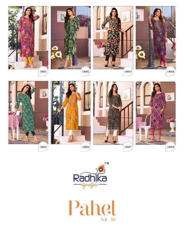 Pahel Vol-10 By Radhika Lifestyle 10001 To 10008 Series Designer Festive Suits Collection Beautiful Stylish Fancy Colorful Party Wear & Occasional Wear Rayon Print Kurtis At Wholesale Price