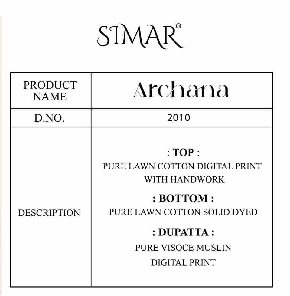 Archana By Simar 2010-A To 2010-D Series Beautiful Festive Suits Stylish Fancy Colorful Casual Wear & Ethnic Wear Pure Lawn Cotton Dresses At Wholesale Price