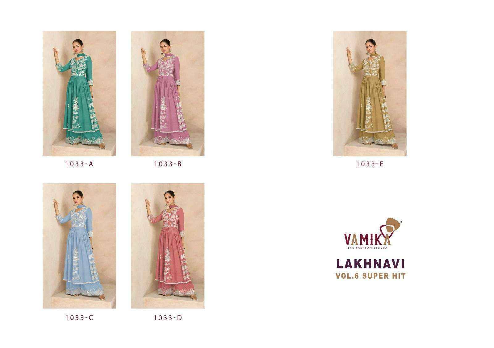 Lakhnavi Vol-6 Super Hit By Vamika 1033-A To 1033-E Series Beautiful Stylish Sharara Suits Fancy Colorful Casual Wear & Ethnic Wear & Ready To Wear Pure Rayon Printed Dresses At Wholesale Price