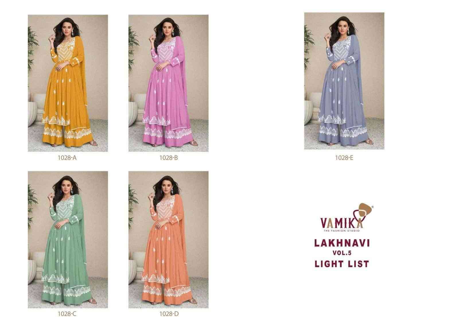 Lakhnavi Vol-5 Light List By Vamika 1028-A To 1028-E Series Beautiful Stylish Sharara Suits Fancy Colorful Casual Wear & Ethnic Wear & Ready To Wear Pure Rayon Printed Dresses At Wholesale Price