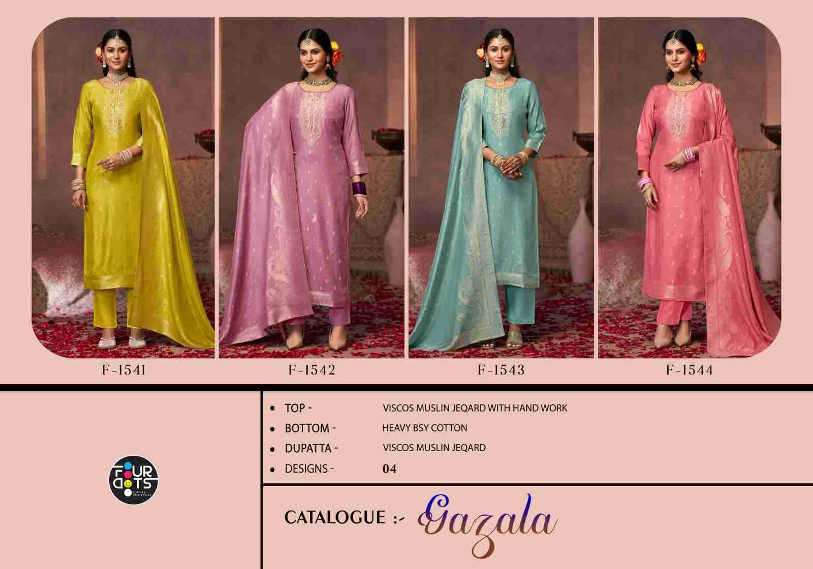 Gazala By Four Dots 1541 To 1544 Series Beautiful Stylish Festive Suits Fancy Colorful Casual Wear & Ethnic Wear & Ready To Wear Viscose Muslin Jacquard Dresses At Wholesale Price