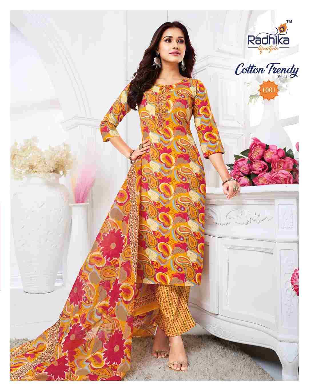 Cotton Trendy Vol-1 By Radhika Lifestyle 1001 To 1008 Series Beautiful Festive Suits Colorful Stylish Fancy Casual Wear & Ethnic Wear Pure Cotton Print Dresses At Wholesale Price
