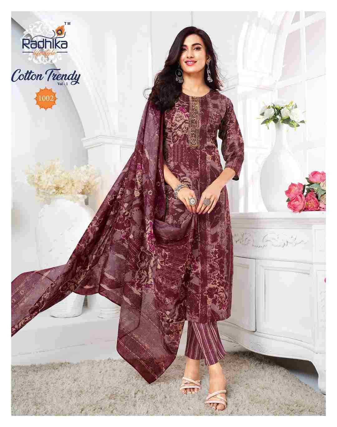 Cotton Trendy Vol-1 By Radhika Lifestyle 1001 To 1008 Series Beautiful Festive Suits Colorful Stylish Fancy Casual Wear & Ethnic Wear Pure Cotton Print Dresses At Wholesale Price