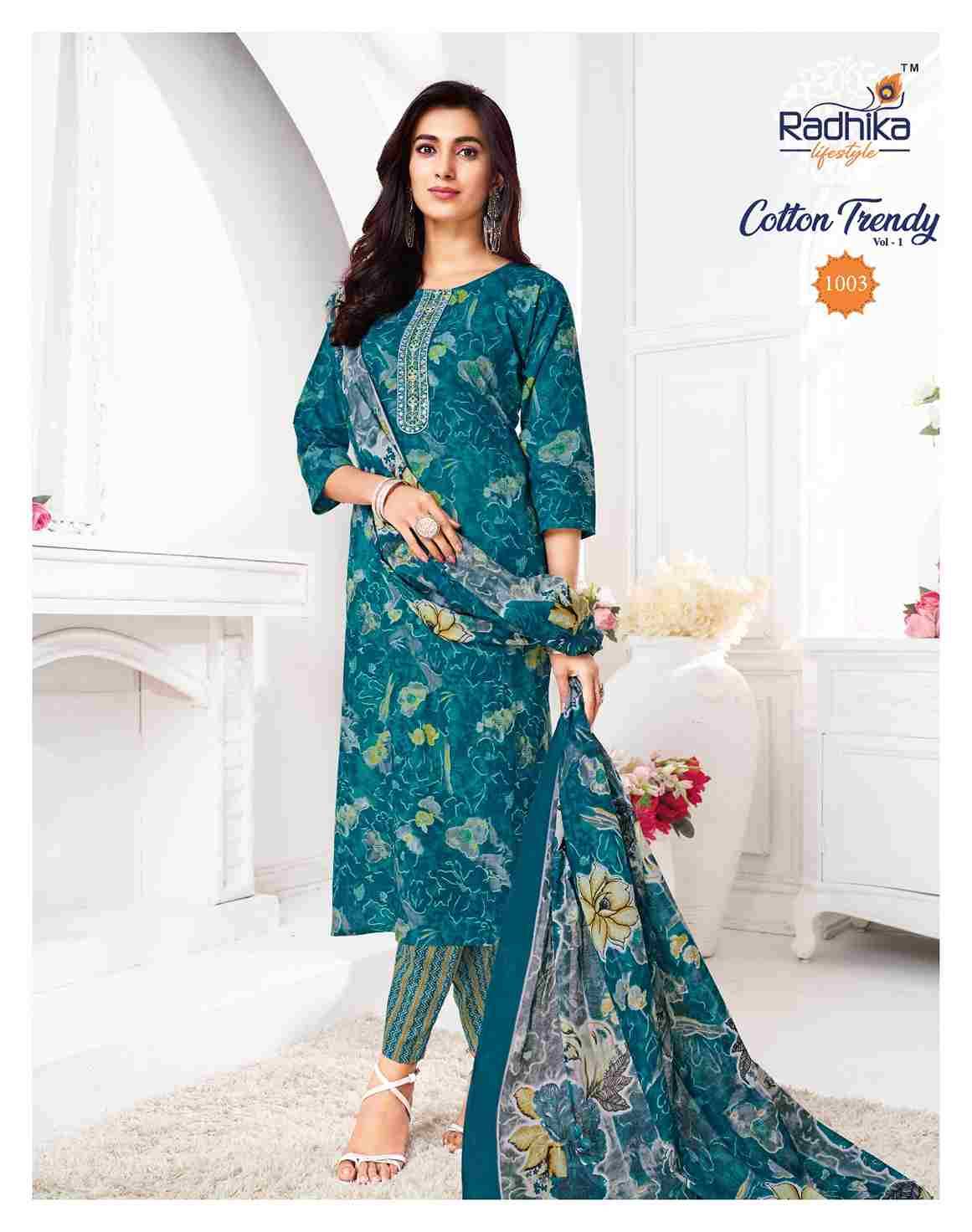Cotton Trendy Vol-1 By Radhika Lifestyle 1001 To 1008 Series Beautiful Festive Suits Colorful Stylish Fancy Casual Wear & Ethnic Wear Pure Cotton Print Dresses At Wholesale Price