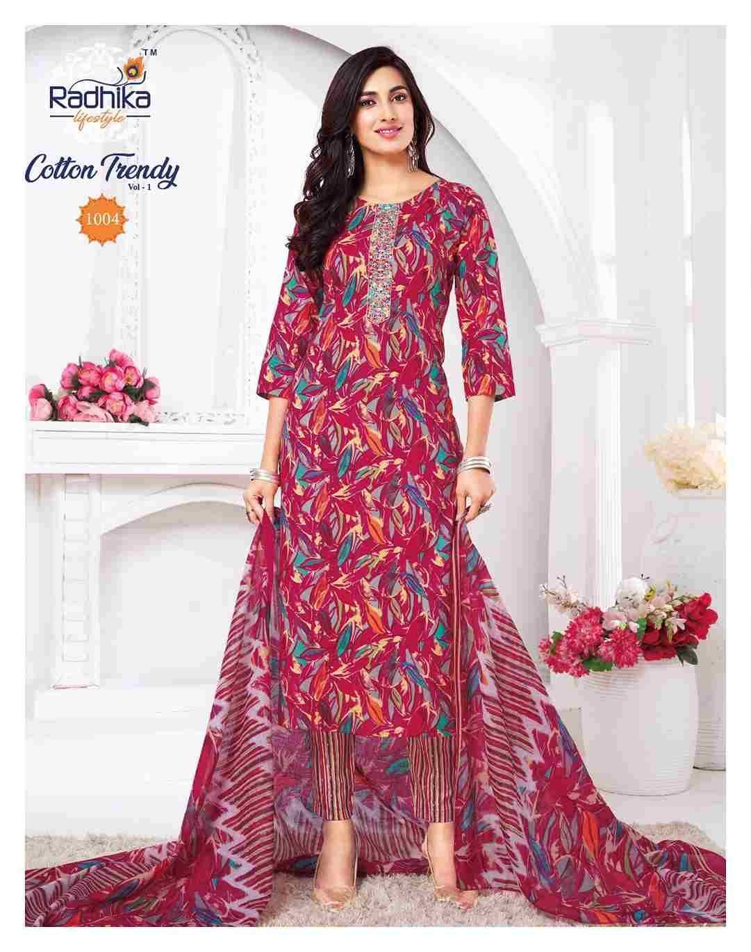 Cotton Trendy Vol-1 By Radhika Lifestyle 1001 To 1008 Series Beautiful Festive Suits Colorful Stylish Fancy Casual Wear & Ethnic Wear Pure Cotton Print Dresses At Wholesale Price