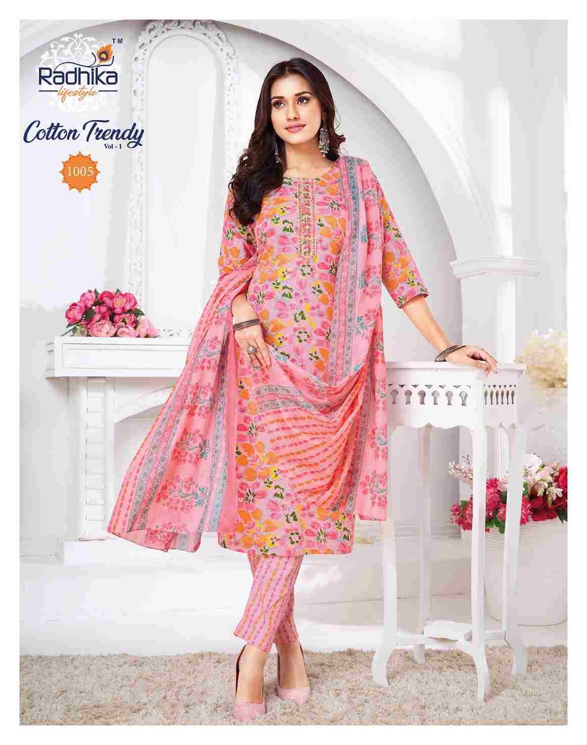 Cotton Trendy Vol-1 By Radhika Lifestyle 1001 To 1008 Series Beautiful Festive Suits Colorful Stylish Fancy Casual Wear & Ethnic Wear Pure Cotton Print Dresses At Wholesale Price