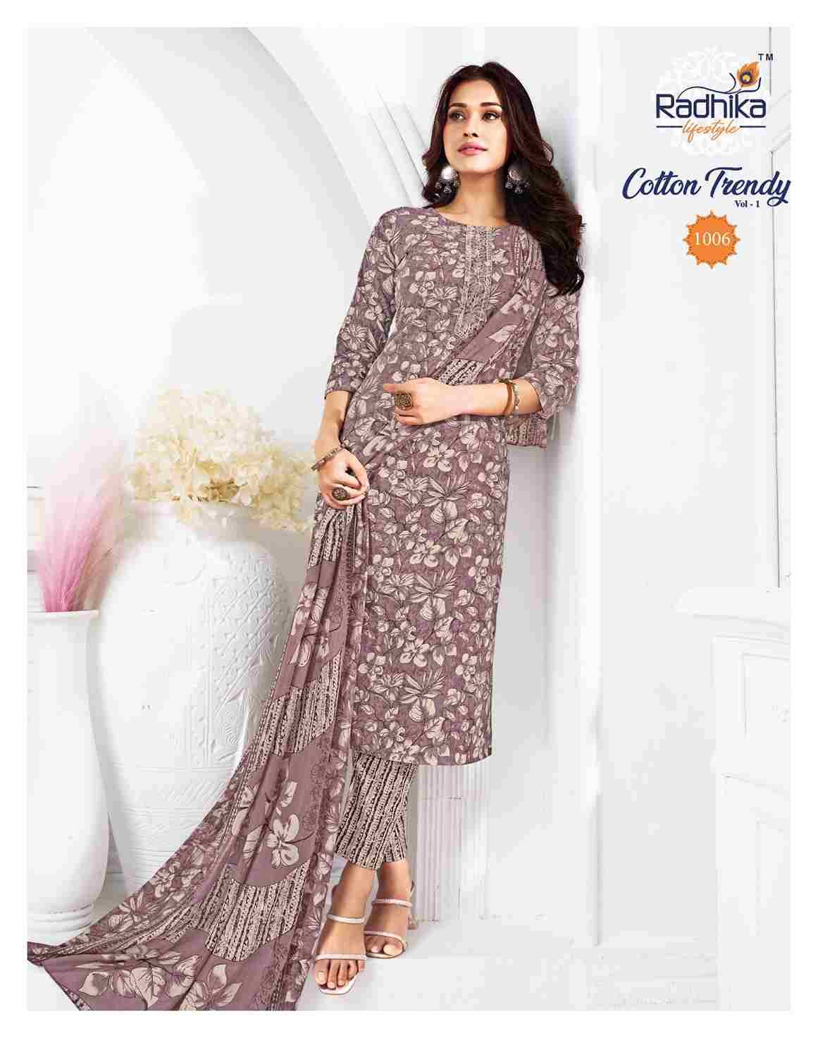 Cotton Trendy Vol-1 By Radhika Lifestyle 1001 To 1008 Series Beautiful Festive Suits Colorful Stylish Fancy Casual Wear & Ethnic Wear Pure Cotton Print Dresses At Wholesale Price