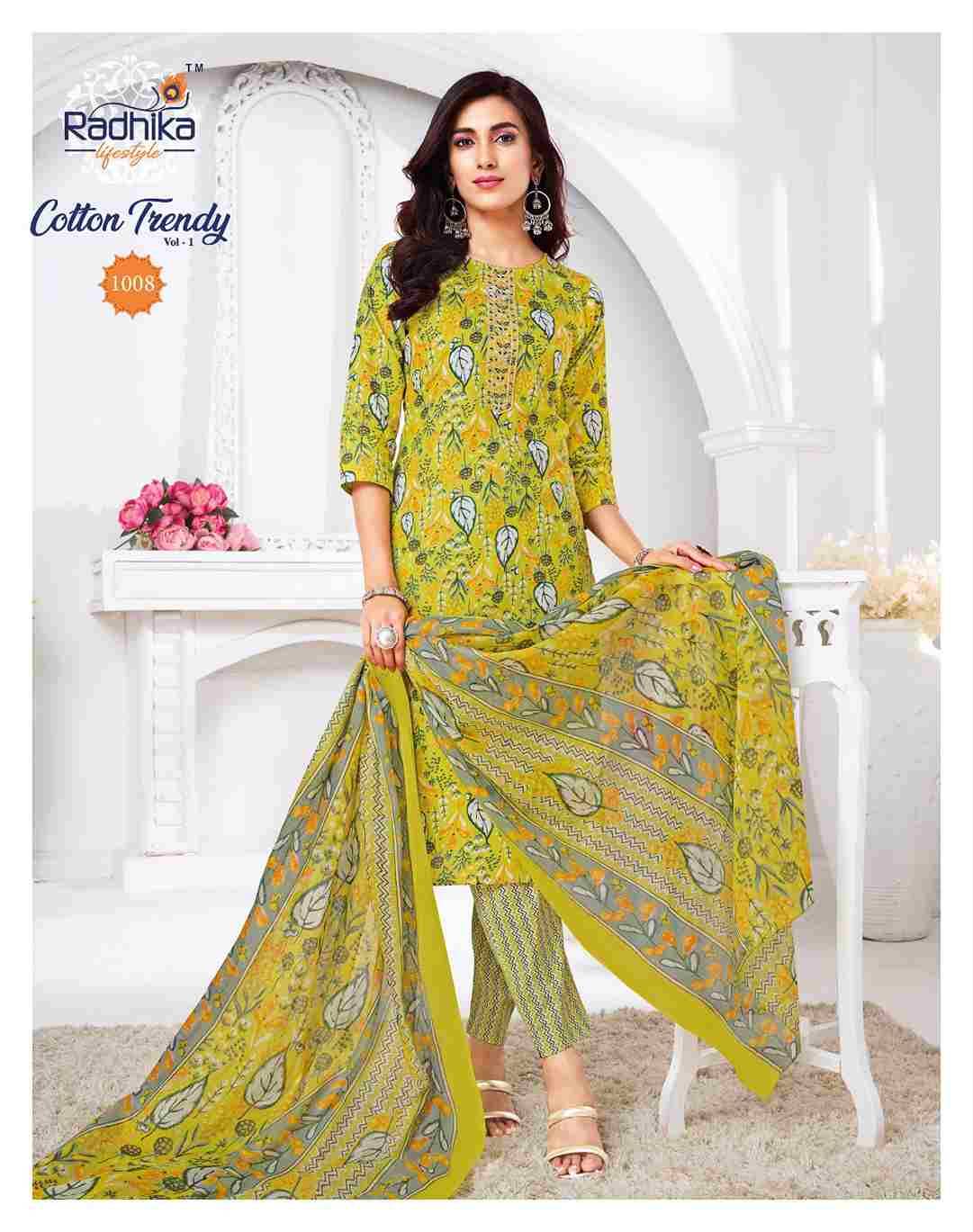 Cotton Trendy Vol-1 By Radhika Lifestyle 1001 To 1008 Series Beautiful Festive Suits Colorful Stylish Fancy Casual Wear & Ethnic Wear Pure Cotton Print Dresses At Wholesale Price