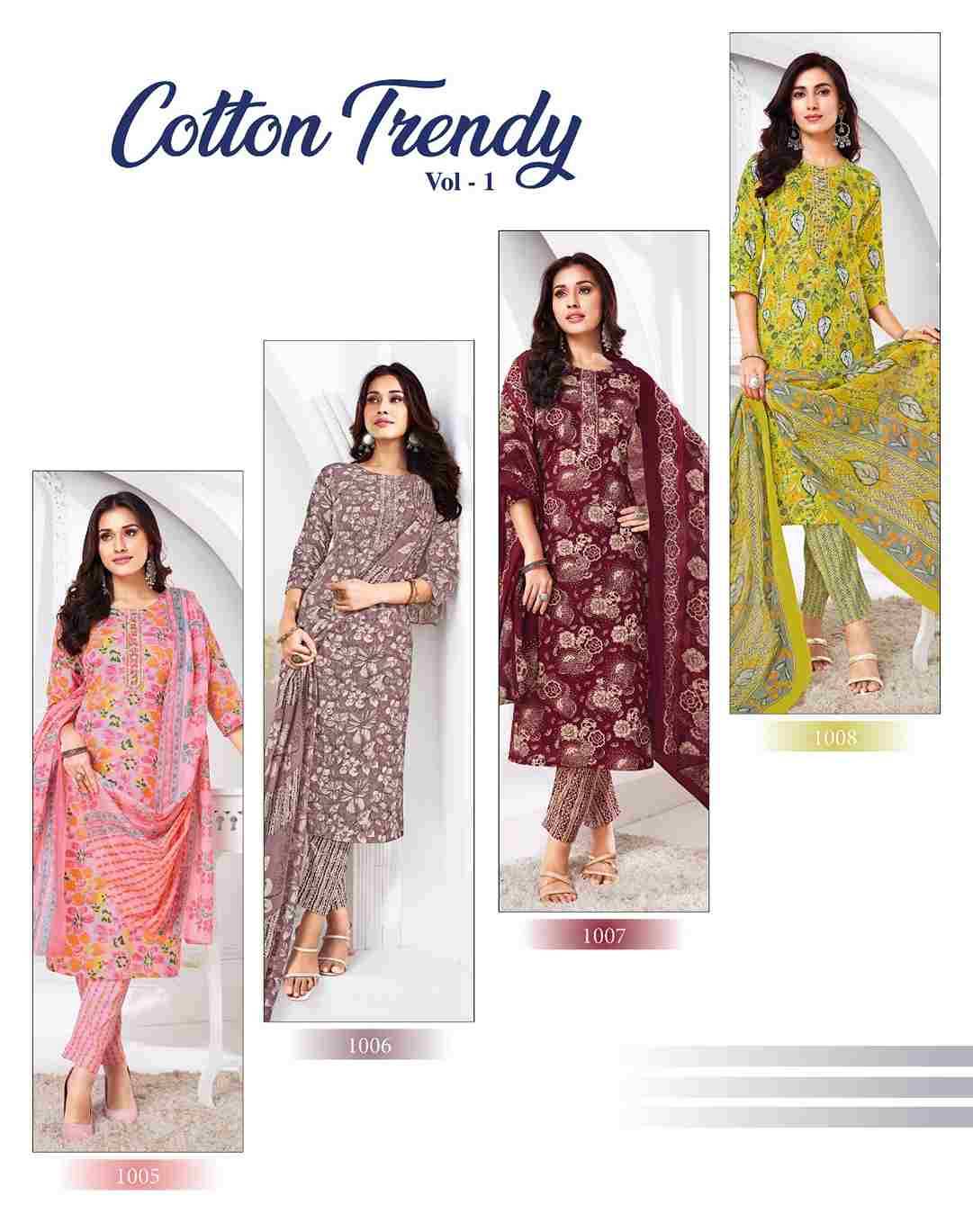 Cotton Trendy Vol-1 By Radhika Lifestyle 1001 To 1008 Series Beautiful Festive Suits Colorful Stylish Fancy Casual Wear & Ethnic Wear Pure Cotton Print Dresses At Wholesale Price
