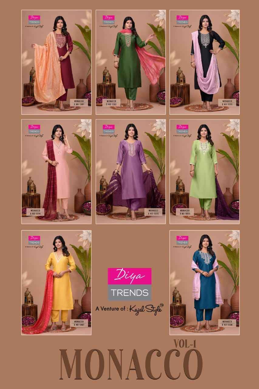 Monacco Vol-1 By Diya Trends 1001 To 1008 Series Beautiful Suits Colorful Stylish Fancy Casual Wear & Ethnic Wear Modal Silk Dresses At Wholesale Price